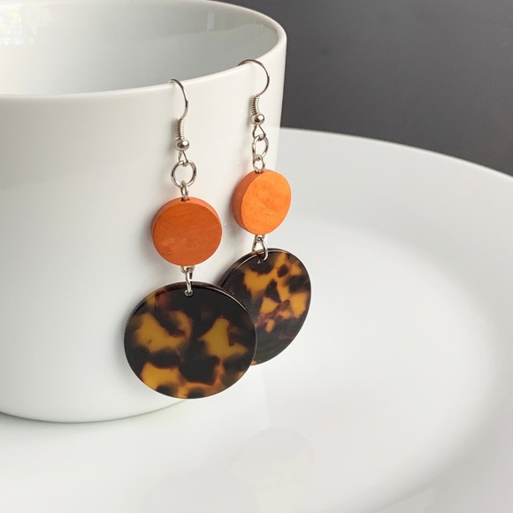 NEW "Terra" Acrylic Wooden Round Earrings (Orange) - Picture 5 of 7